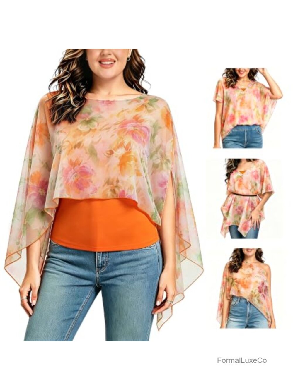 2-Piece Chiffon Overlay Blouse Cape Top Asymmetrical Hem Camisole